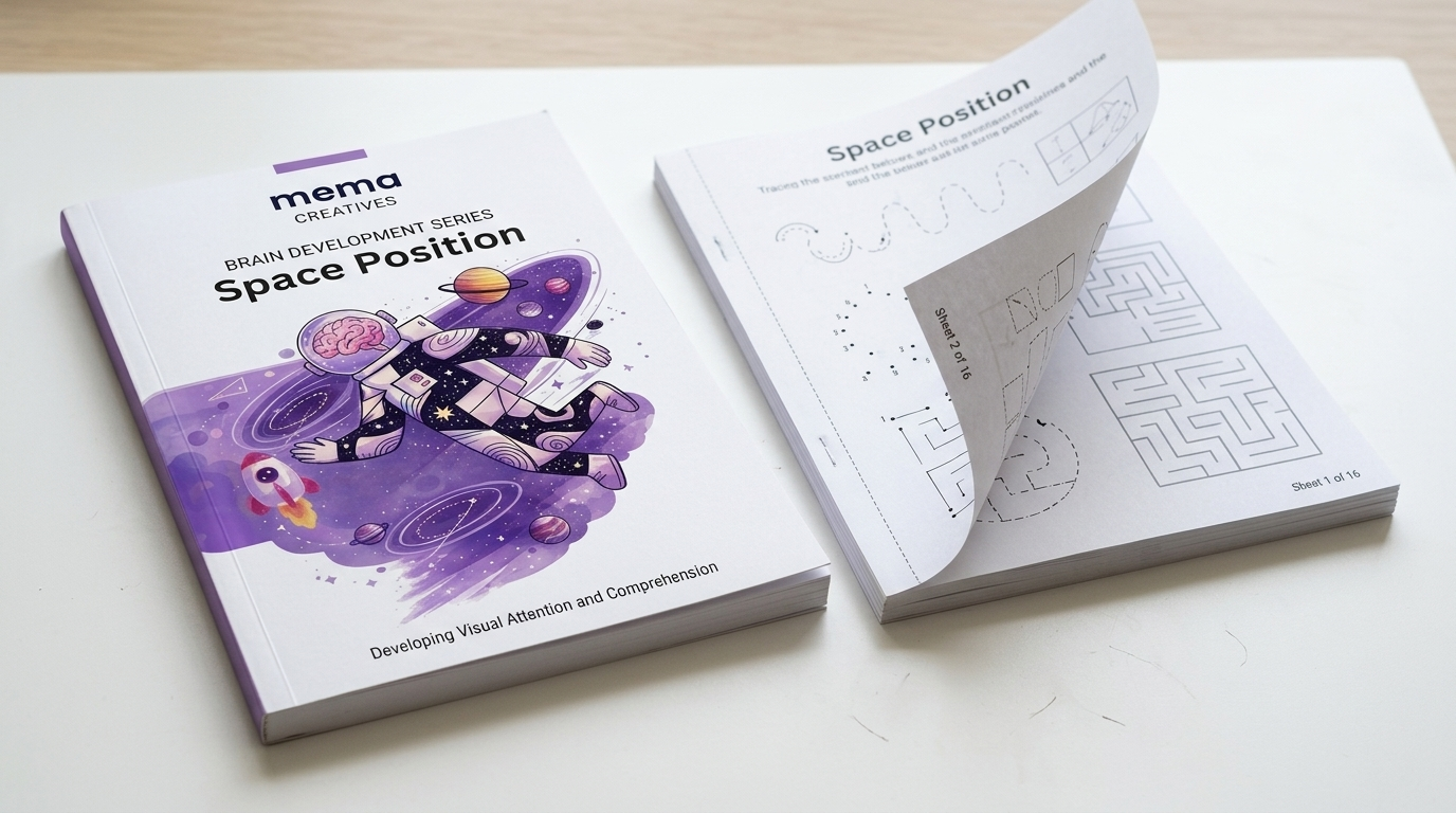 MeMa Creatives Space Position workbook with inside pages showing tracing and maze activities