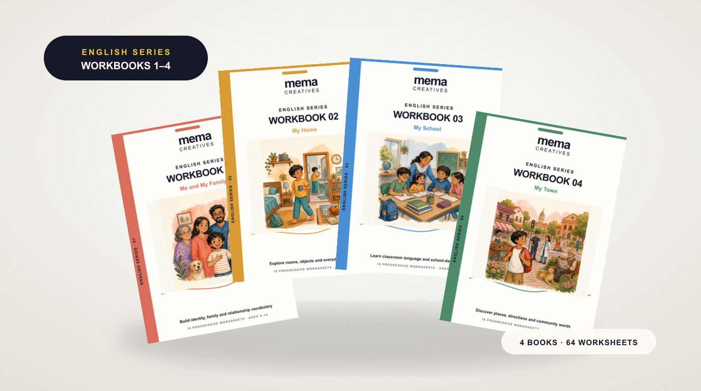 English Series, four progressive workbooks: Me and My Family, My Home, My School, and My Town